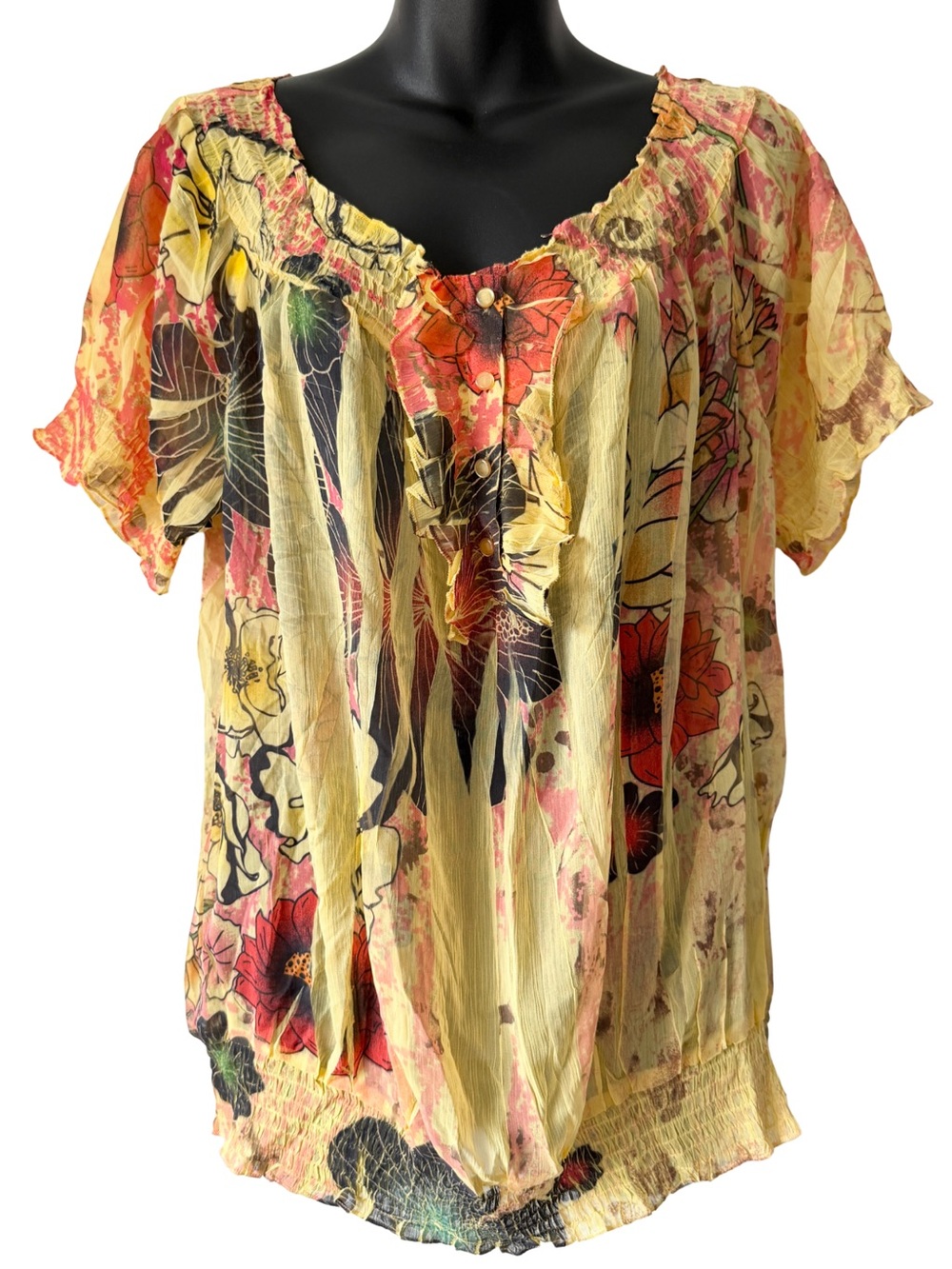Y2K Floral Yellow Pink Crinkle Scoop Neck L8teR Blouse Womens Plus Size 2X Sheer